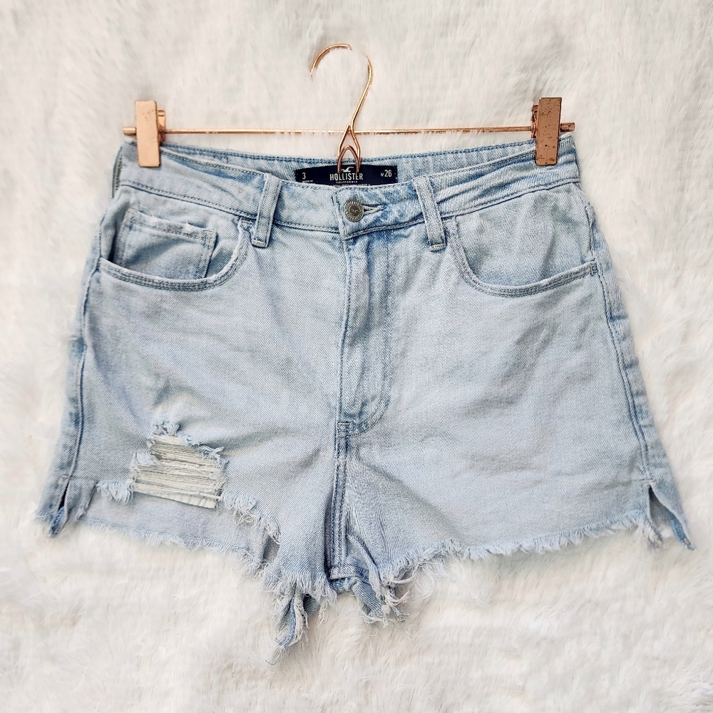 Hollister‎ High Rise Distressed Light Wash Denim Shorts